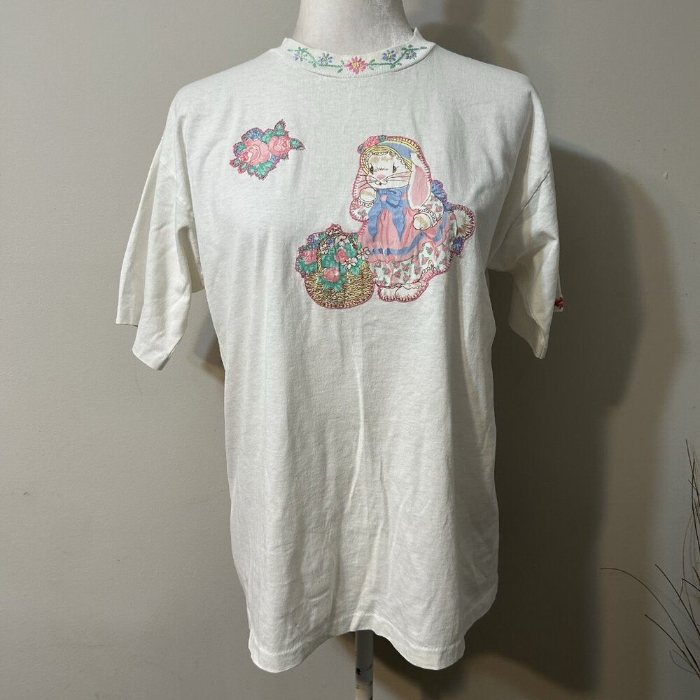 Vtg Fashion Gear White T-shirt Single Stitch Hand Stitch Rabbits Embroidery Sz L